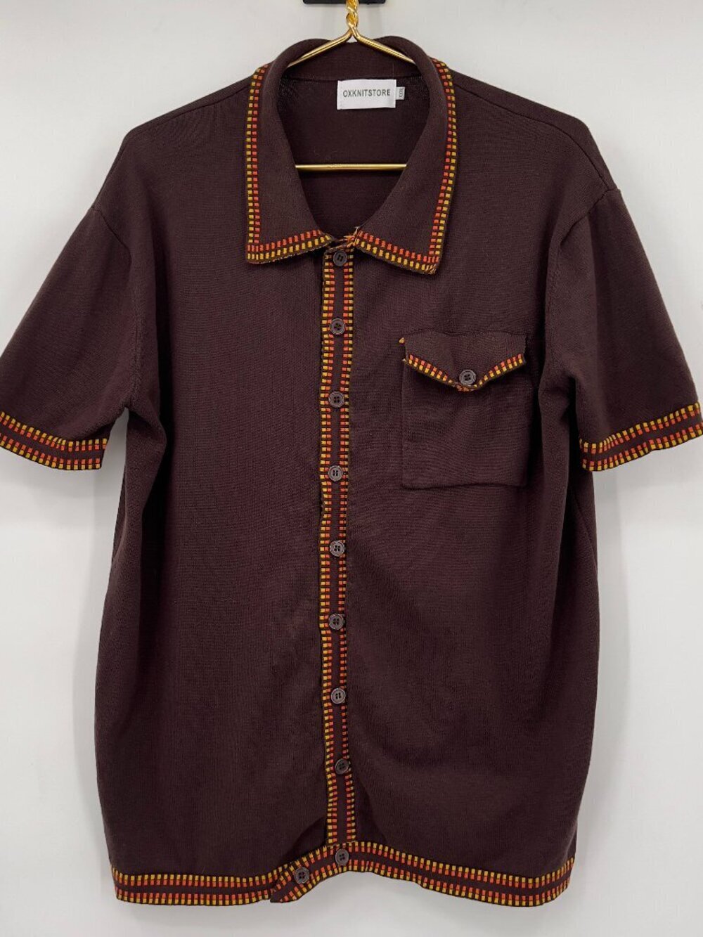 OXKNITSTORE Men’s Brown Knit Button-Up Shirt XXXL 100% Cotton